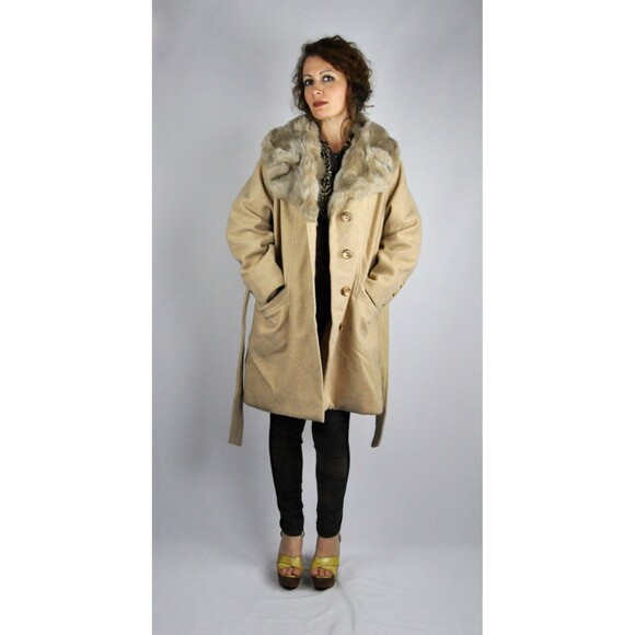 Faux Fur 60s Coat - Brown Jacket Large COLLAR Trench Coat - Belted Pockets S - M - Picture 5 of 5